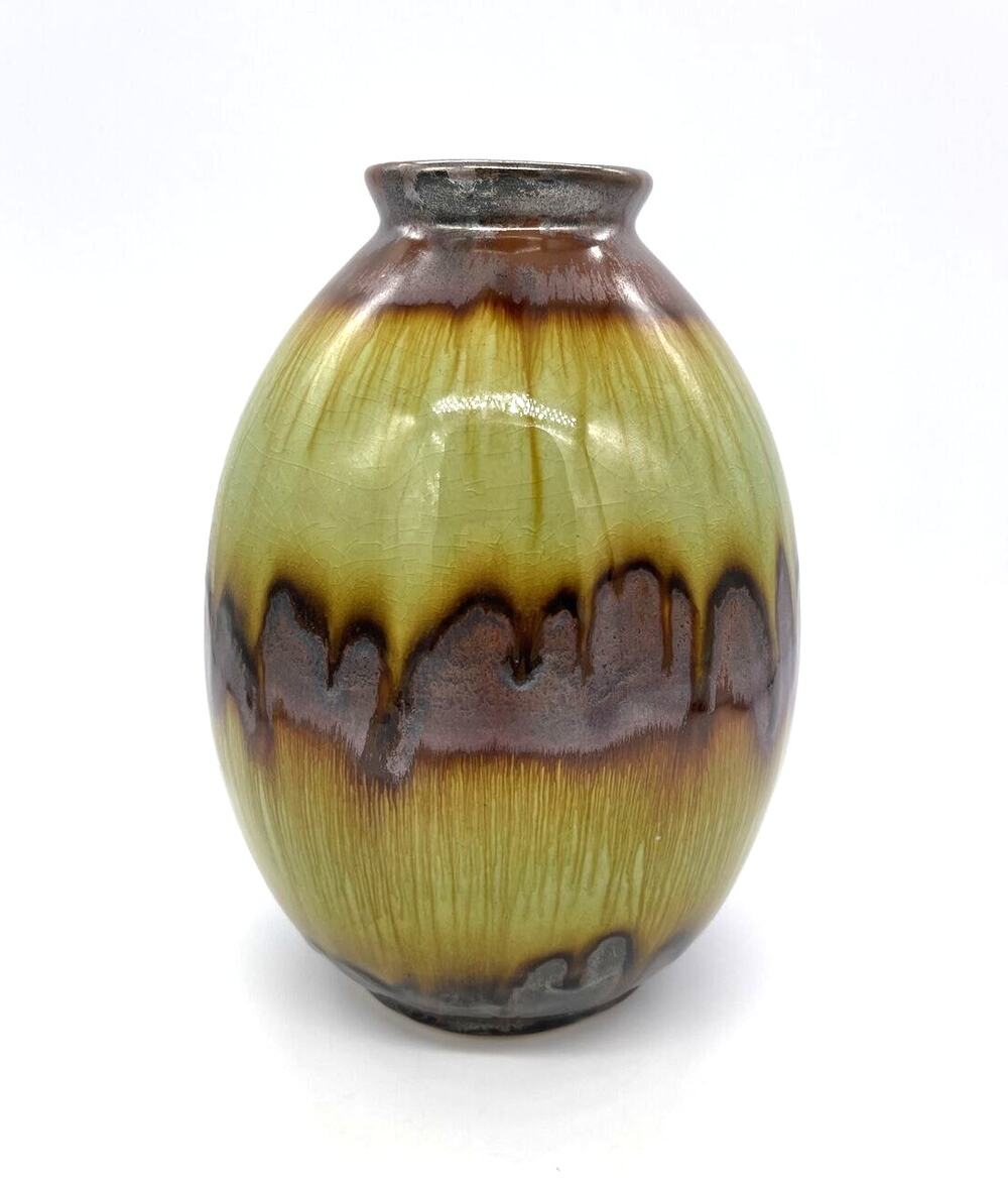 Art Potterty Green & Copper Metallic Glaze Vase 8” Tall 5.5” Wide